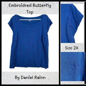 Daniel Rainn Butterfly Embroidery Top 2X Textured Stretch SS Rayon Office Career